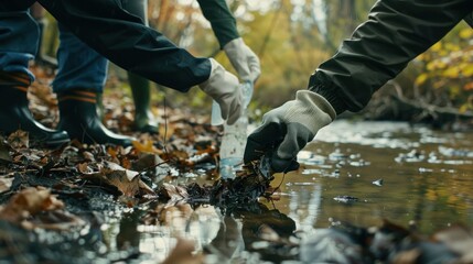 Volunteers participating in environmental conservation efforts by cleaning up polluted forest area. Activity promoting ecological awareness and community service.