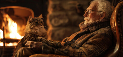 Elderly man enjoying peaceful moment with domestic cat by warmth of indoor fireplace. Comfort and companionship at home.