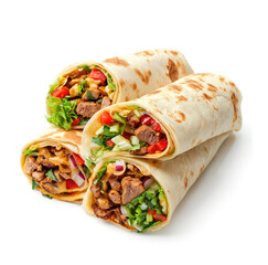 closeup of tasty Mexican burrito, Chicken, beef, sausage and salad bread wrap isolated on white background