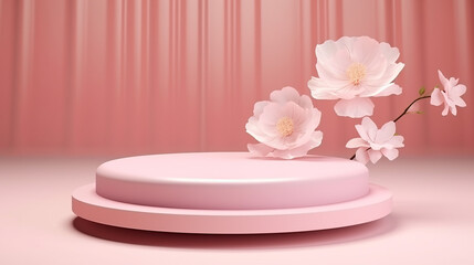 Fototapeta na wymiar 3D display podium set pastel pink flower and petals peony blossom. 3d display podium with copy space template.