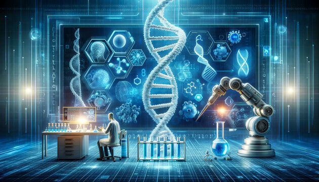 A 3D futuristic scientific device that combines elements of molecular biology,robotics and chemistry.A scientist works at a desk while a robotic arm works on a glowing DNA double helix.AI generated.