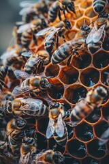 Close up shot of bees in a beehive with honey combs working together at the middle of the day producing honey. Buzzing bees crafting golden honey in their hive. Nature's artisans.