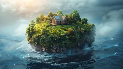 Afwasbaar fotobehang floating landscape with a house © Tejay