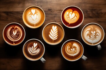 Multiple Coffee cups with latte art on wooden table, Coffee cups with latte art on wooden table Top view Multiple cups of coffee, Ai generated