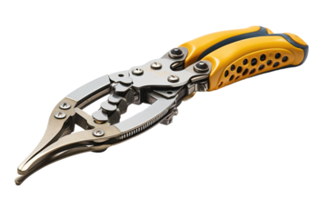 Open Pair of Scissors. A pair of scissors is shown open on a plain white background. The metal blades are sharp and pointed ready for use. The handles are ergonomic providing a comfortable grip.