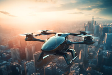 Flying car in sky. Electric air car flight above a cityscape. Future Flying Mobility. Futuristic Flying Transport. Urban Air Mobility (UAM), Flying unmanned car. Fly cars in drive in sky. Self driving - obrazy, fototapety, plakaty