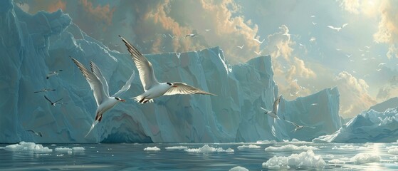 Arctic terns flying over melting ice caps, climate change theme - obrazy, fototapety, plakaty