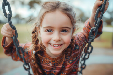 Playground Bliss: A Child's Joyful Swing into Happiness - obrazy, fototapety, plakaty