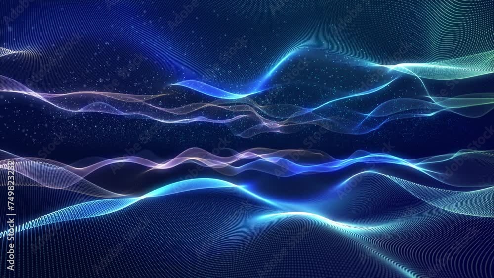 Poster luminous wave motion design for festive events and presentations. glowing particles form surface. lo