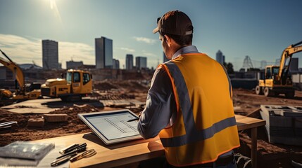 Structural engineer or architect dressed in work vests and hard bats use tablet on the open building site. Construction Site Inspection with Technology