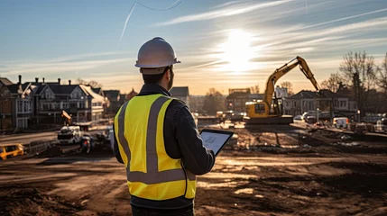 Foto op Canvas Structural engineer or architect dressed in work vests and hard bats use tablet on the open building site. Construction Site Inspection with Technology © Lee John