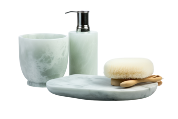 Soap Dispenser Toothbrush Holder and Soap Dish Arrangement. In the bathroom, a soap dispenser, toothbrush holder, and soap dish are neatly arranged on the countertop.