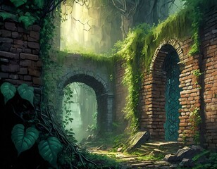 薄暗い森の中の古い時代の蔦の生い茂る崩れたレンガの壁とアーチ