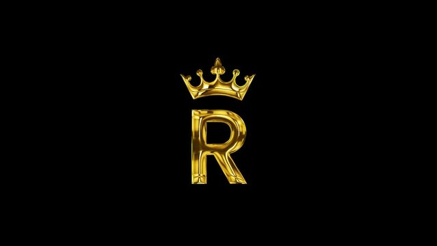 luxury golden R word with gold crown animation for logo intro outro black screen 