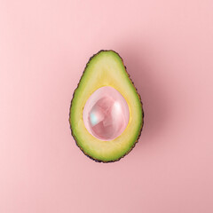 Creative diet concept. Cut avocado with air bubble on pink background.