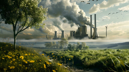Energy Contrast With Industrial Power Plant And Wind Turbines Amidst Nature - obrazy, fototapety, plakaty