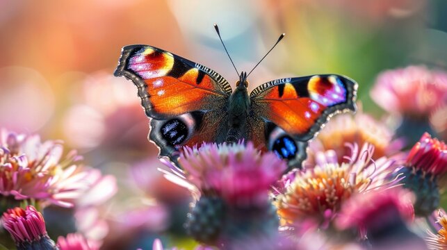 Close-up of a colorful butterfly on a flower, nature's detail, text space