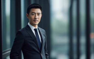 Portrait of an elegant Chinese businessman, modern executive environment in the background
