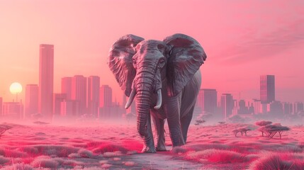 Elephant in Pink Atmosphere with Cityscape at Sunset