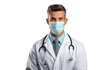 Male Doctor Wearing Mask and Stethoscope. A male doctor is depicted in the picture, wearing a protective mask and a stethoscope around his neck. He appears focused and ready for patient care.