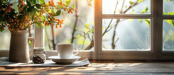 Cozy, chic coffee corner, minimal design, morning light