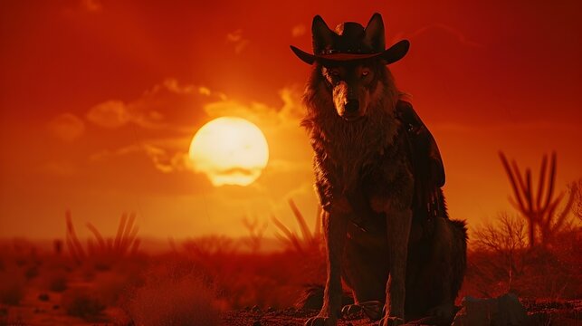 Wolf in Cowboy Hat at Sunset in Digital Art