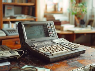 Contrast between an oldfashioned calculator and modern tax software on a computer evolution of finance