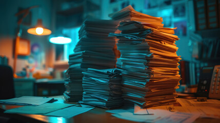 Dramatic lighting on a pile of tax documents in a hospital office the burden of financial management - obrazy, fototapety, plakaty