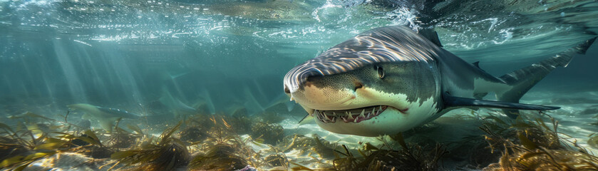 Dramatic underwater shot of a shark showcasing natures design in vivid detail