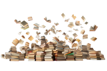Pile of Books Flying Up Into the Air. A stack of books is seen airborne rising into the sky in a dynamic and unexpected movement. on White or PNG Transparent Background.