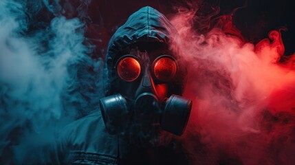 Futuristic swag man mask gas on the black studio background smoke closeup - obrazy, fototapety, plakaty