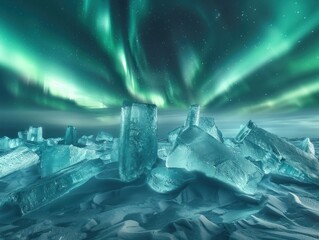 Glowing geometric ice crystals under the polar night magical aurora lights above