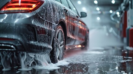 The satisfying sound of water jets and brushes working together to clean a car - obrazy, fototapety, plakaty