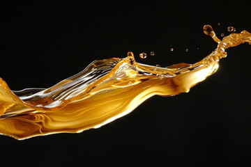 A close-up dynamic splash of a golden liquid, possibly oil or a beverage, as it arcs through the air with droplets scattering away from the mainstream