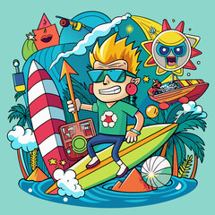 T-shirt sticker of a humorous illustration merging pop culture references with surfing motifs