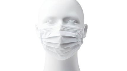 White Mannequin Head Wearing Face Mask. A white mannequin head displayed with a face mask covering its features, showcasing the importance of wearing protective gear during the ongoing pandemic.