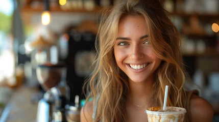 Foto op Plexiglas A happy young woman savoring a refreshing beverage with a paper straw in the vibrant setting of a cozy cafe. © feeling lucky