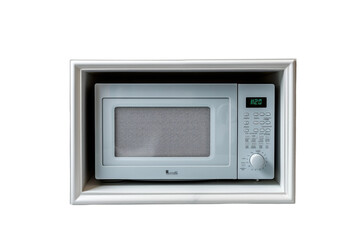 Fototapeta premium White Microwave Oven Installed in Wall. A white microwave oven is neatly integrated into a wall, blending seamlessly with the surrounding structure. on White or PNG Transparent Background.