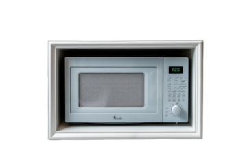White Microwave Oven Installed in Wall. A white microwave oven is neatly integrated into a wall, blending seamlessly with the surrounding structure. on White or PNG Transparent Background.