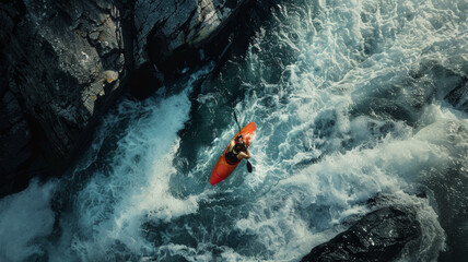 Adventurous kayaker navigating turbulent rapids in a deep river canyon.