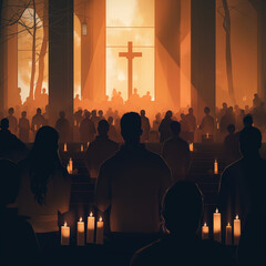Solemn Easter Vigil Service with Candlelight Procession in Traditional Church - Spiritual Religious Ceremony Atmosphere - obrazy, fototapety, plakaty