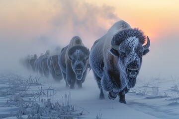 Frost-covered bison herd, enduring the cold, steam rising at dawn