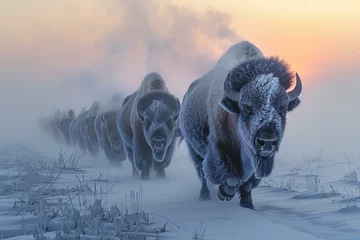 Muurstickers Frost-covered bison herd, enduring the cold, steam rising at dawn © Seksan