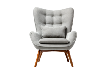 Grey Chair With Pillow. A grey chair sits with a pillow resting on top of it. The cushion adds a touch of comfort to the simple design of the chair. on White or PNG Transparent Background.