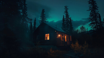 Cozy cabin illuminated warmly against a starry night sky surrounded by forest.