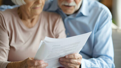 Elderly couple reviewing important documents with concern.