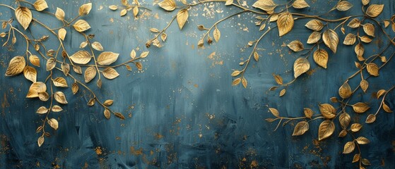 Gold ivy silhouettes creeping over a canvas of blended blues and grays, enchanting