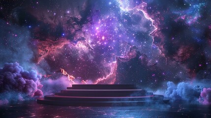 Holographic podium, interstellar nebula background, cosmic wonder