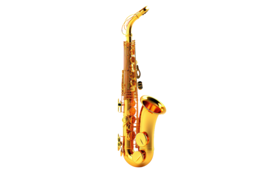 Elegant Golden Saxophone. A stunning golden saxophone is positioned elegantly against a plain white background, showcasing its intricate keys and curves.