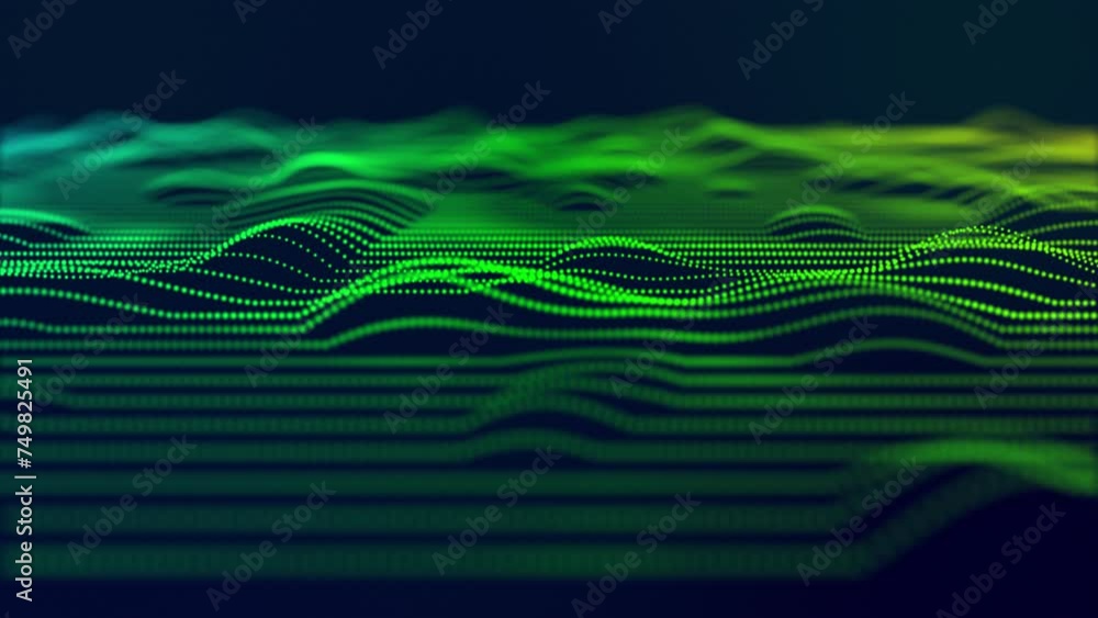 Poster looping animation in 4k featuring abstract magical green waves with glowing particles that form a pl